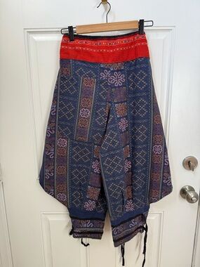 Boho Wide-Leg Thai Hill Tribe Fabric Harem Pants with Red Waistband